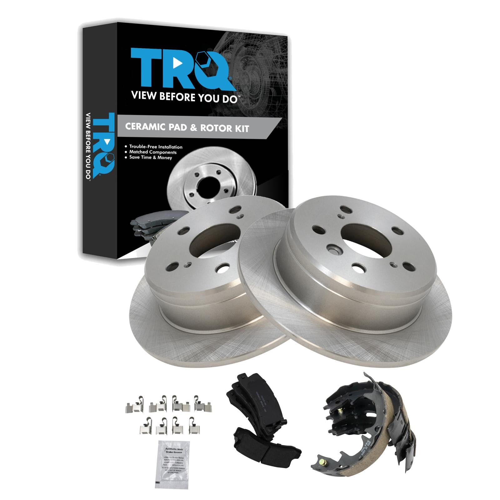 TRQ Rear Brake Pad and Rotor Set Ceramic Parking Shoe Compatible with 1997-1999 Lexus ES300 1992-1999 Toyota Camry 1999 Solara
