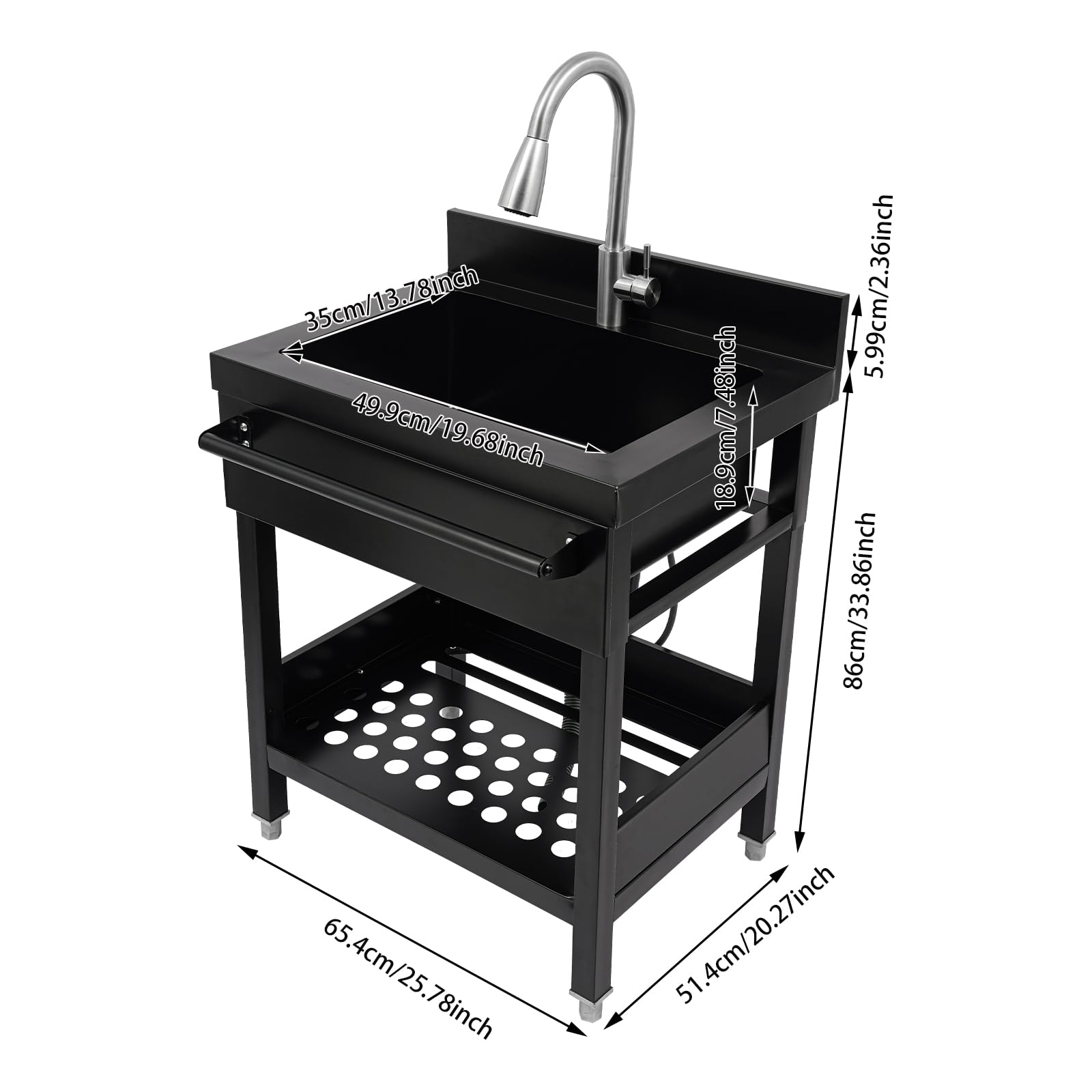 Lavabo freestanding catering cucina ristorante lavello multiuso monovaso con rubinetto, ripiani per garage, lavanderia, giardino, 66 x 52 x 86 cm