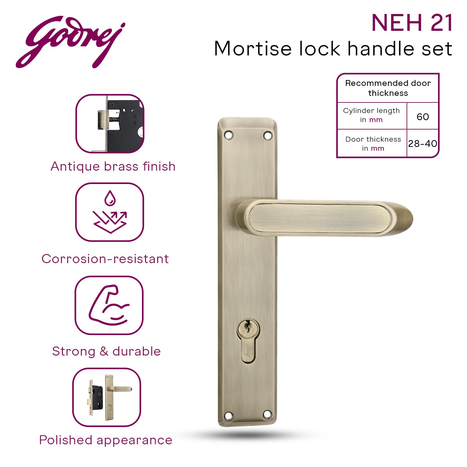 Godrej Mortise Lock - Antique Brass Finish -3