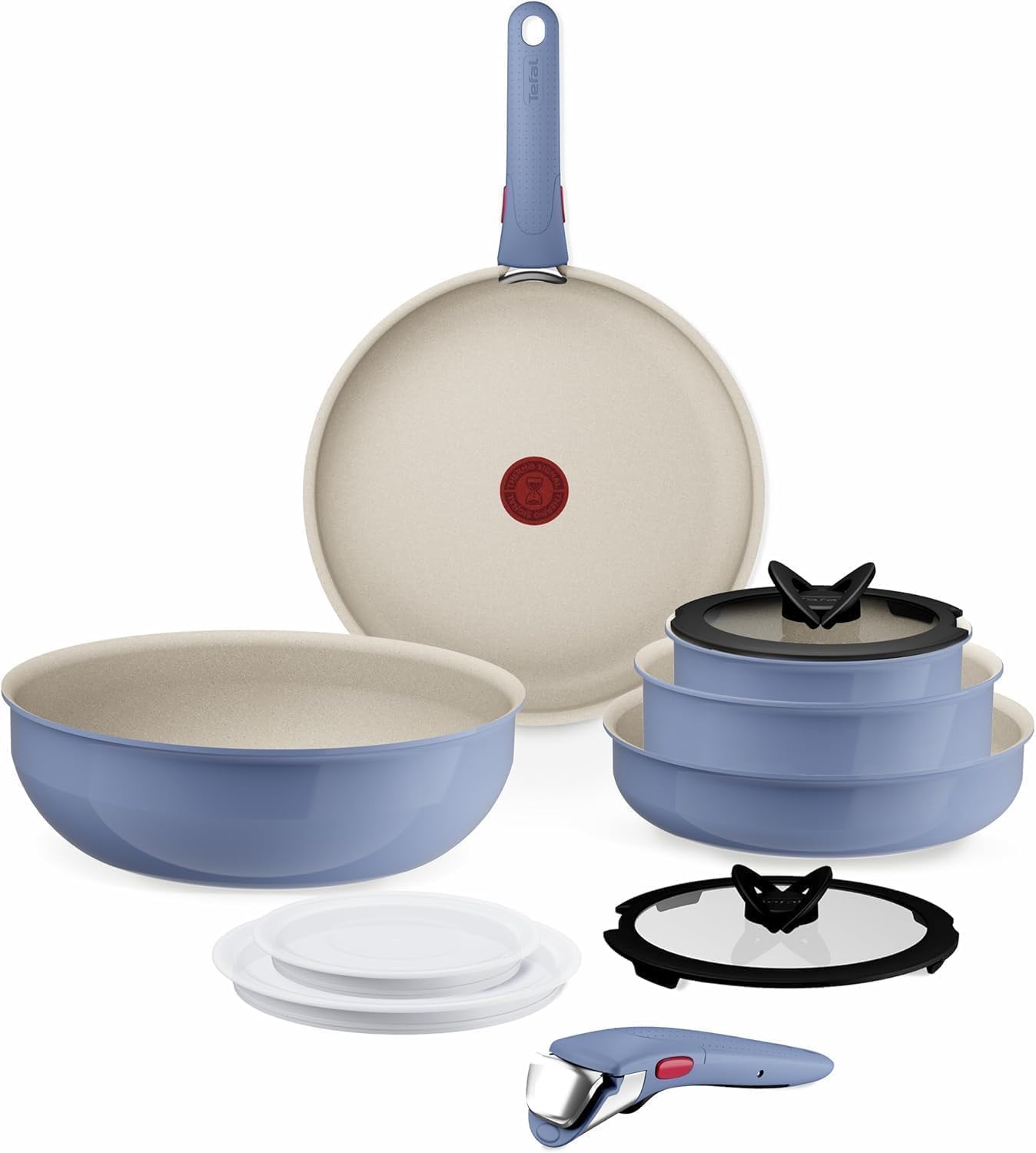 Tefal Ingenio Serenity - Juego de 2 Sartenes 22/28 cm + Wok 26 cm + 2 Cazos 16/20 cm + 4 Accesorios + 2 Mangos, Revestimiento Antiadherente, Apilable, Inducción, Apto lavavajillas y horno, Azul