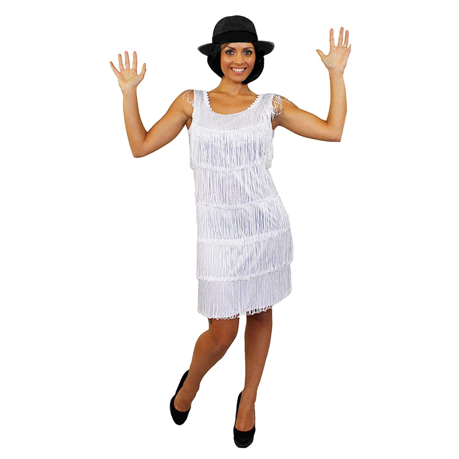 LADIES DELUXE 1920S WHITE FRINGED FLAPPER FANCY DRESS COSTUME + BLACK TRILBY HAT WITH BLACK BAND - MEDIUM - UK 10/12 / 60CM HAT
