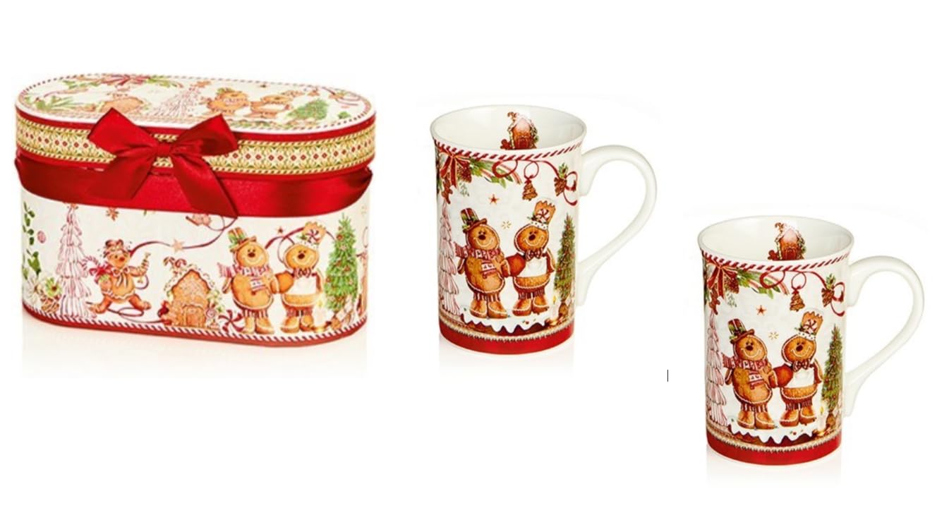 Premier Festive Gingerbread Mug Gift Set – 2 Ceramic Christmas Mugs in Decorative Gift Box – Hot Chocolate & Tea Cups
