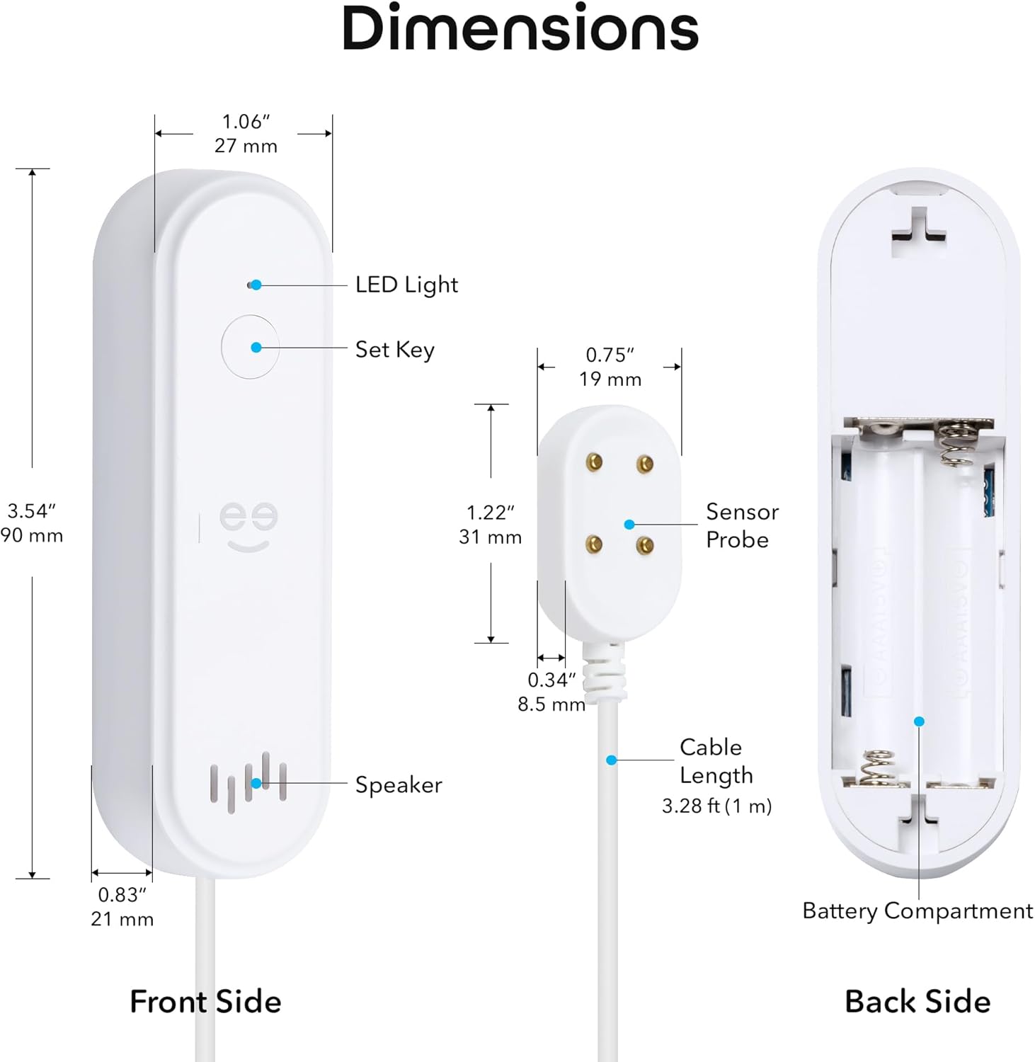Image showing a smartphone screen with a 'Leak Detected' notification from the Geeni app, next to a Geeni water sensor detecting a small water leak.