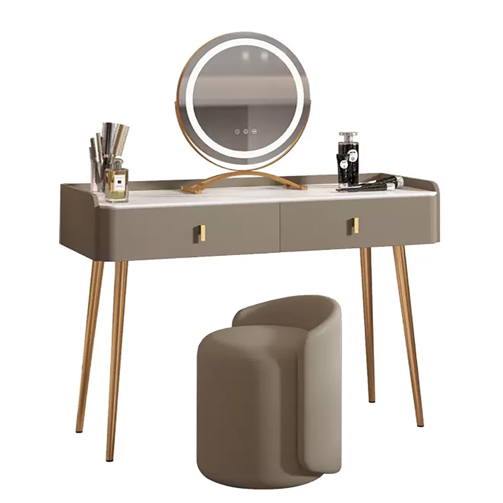 CGCSYZ Makeup Vanity Set, Slate Desktop, Vanity Table with 360° Rotating Mirror, Microfiber Leather Dressing Table, Makeup Vanity Desk with Stool, Vanity Dresser with Drawer(Khaki-80cm/31.5in)