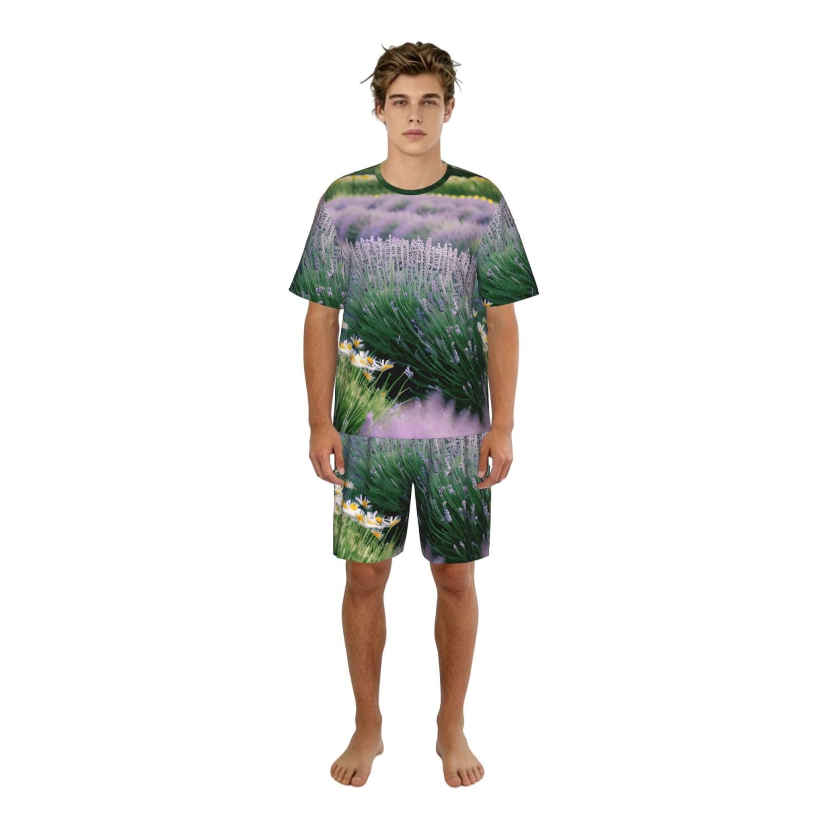 Lavanda E Daisy Stampa Uomo Manica Corta Pigiama Set Pigiameria Lounge Wear Soft Stretch Daily Nightwear