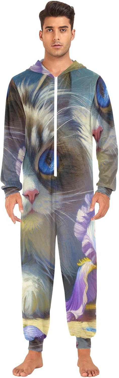 GAIREG Cute Cat Purple Flower Men Women Hooded One-Piece Pajamas, Zipper Onesie Adult Christmas Pajamas