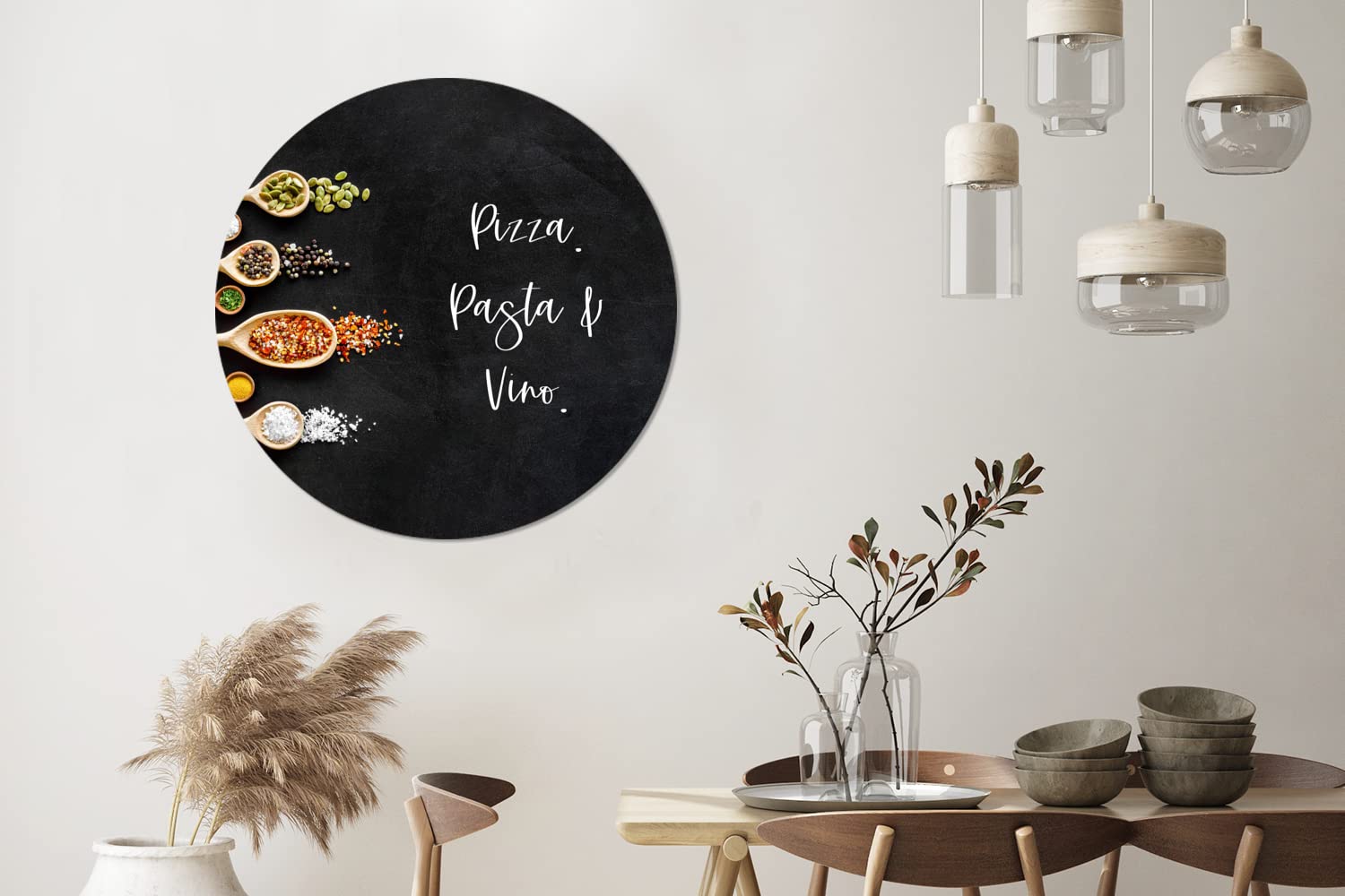 MuchoWow Wandbild Rund Wanddeko Deko Wohnzimmer Bilder 90x90 cm Pizza. Pasta und Wein. - Zitate - Lebensmittel - Gewürze - Sprichwörter