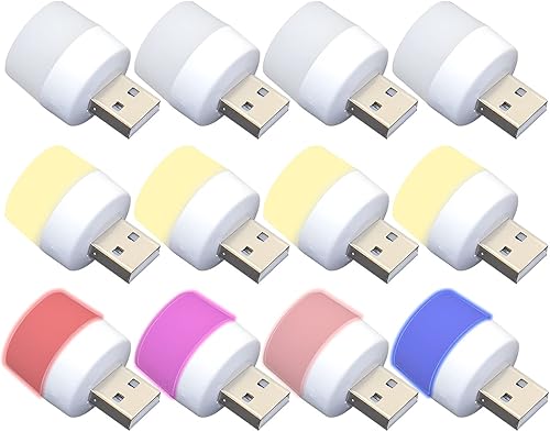 Luces USB de noche, mini bombilla LED, sin sensor de luz, enchufable, blanco cálido, compacto, ideal para dormitorio, baño, cocina, coche, luz de