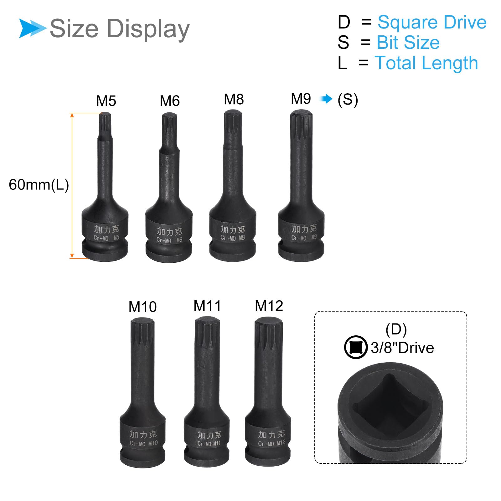 CoCud Impact Spline Bit Socket Set including Case, M5-M12 3/8" Square Drive 60mm Length - Image 2