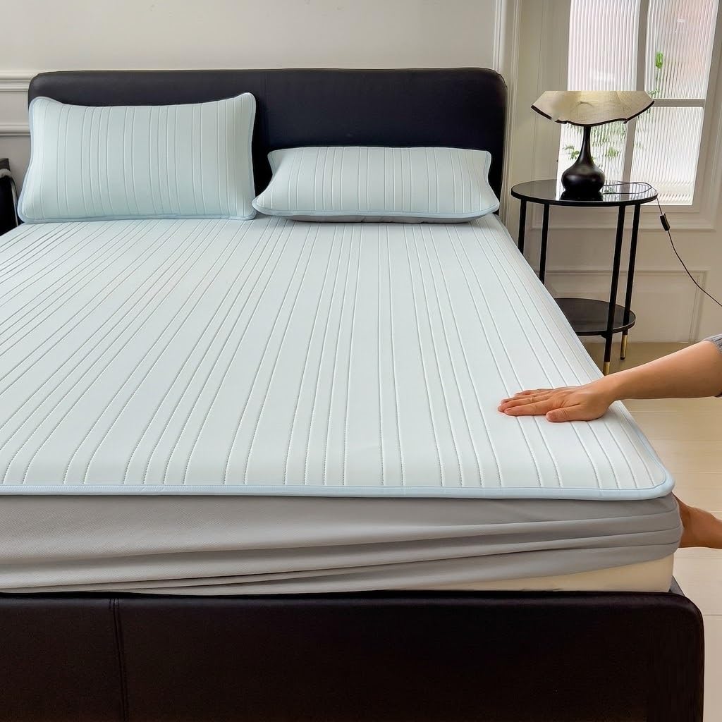 WFXXZL Fitted Sheet Only, Cooling Fitted Sheet Silky Soft Breathable Bottom Sheets Elastic Bed Sheets with 12" Deep Pocket(Light blue,California King)