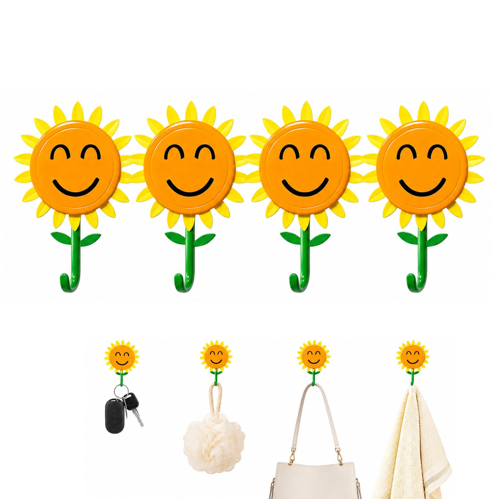 Sunflower Wall Hook, Retractable Smiley Sunflower Hook Self Adhesive (4Pcs)