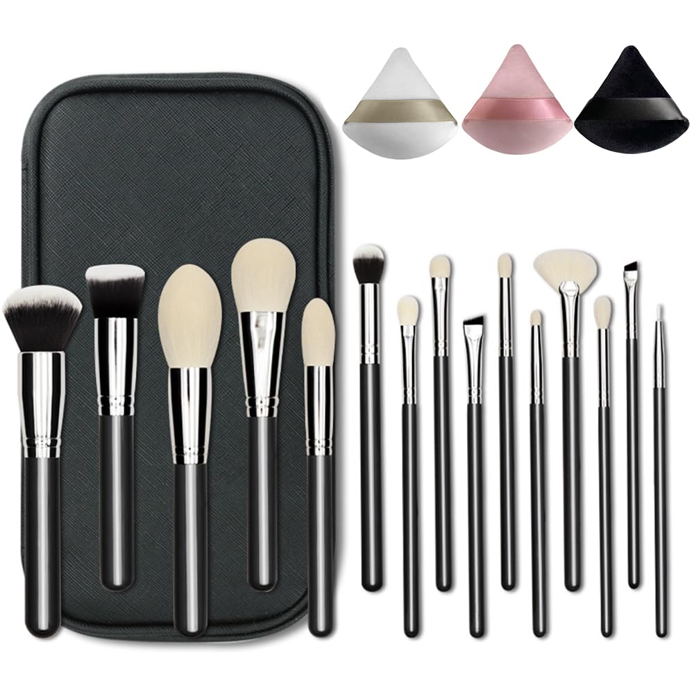 Professional Natural Travel Goat Hair Makeup Brushes with case, 15Pcs Kabuki Face Powder & Eye Makeup Brush set With Ultra Soft Premium Dense Hair,