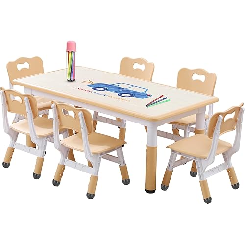 Kids Table and Chairs Set, Height Adjustable Desk With 6 Seats for Ages 3-12,Arts & Crafts Table,Graffiti Desktop, Non-Slip Legs, Max 300lbs, Children Multi-Activity Table for Classrooms,Daycares,Home