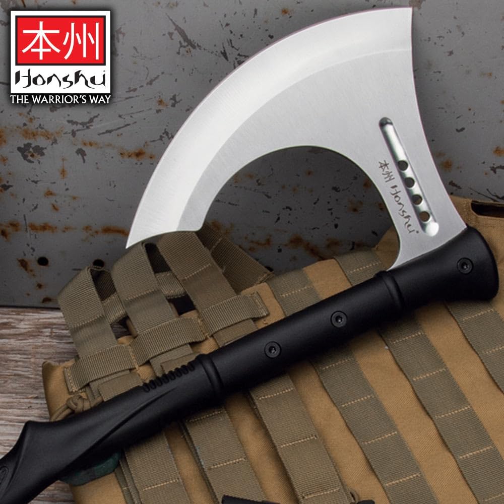 HONSHU Karito Battle Axe with Leather Sheath - 7Cr13 Stainless Steel Blade, Impact-Resistant Injection-Molded Nylon Handle, EDM Textured - Tradition and Innovation - Great for Breaching - Length 27”