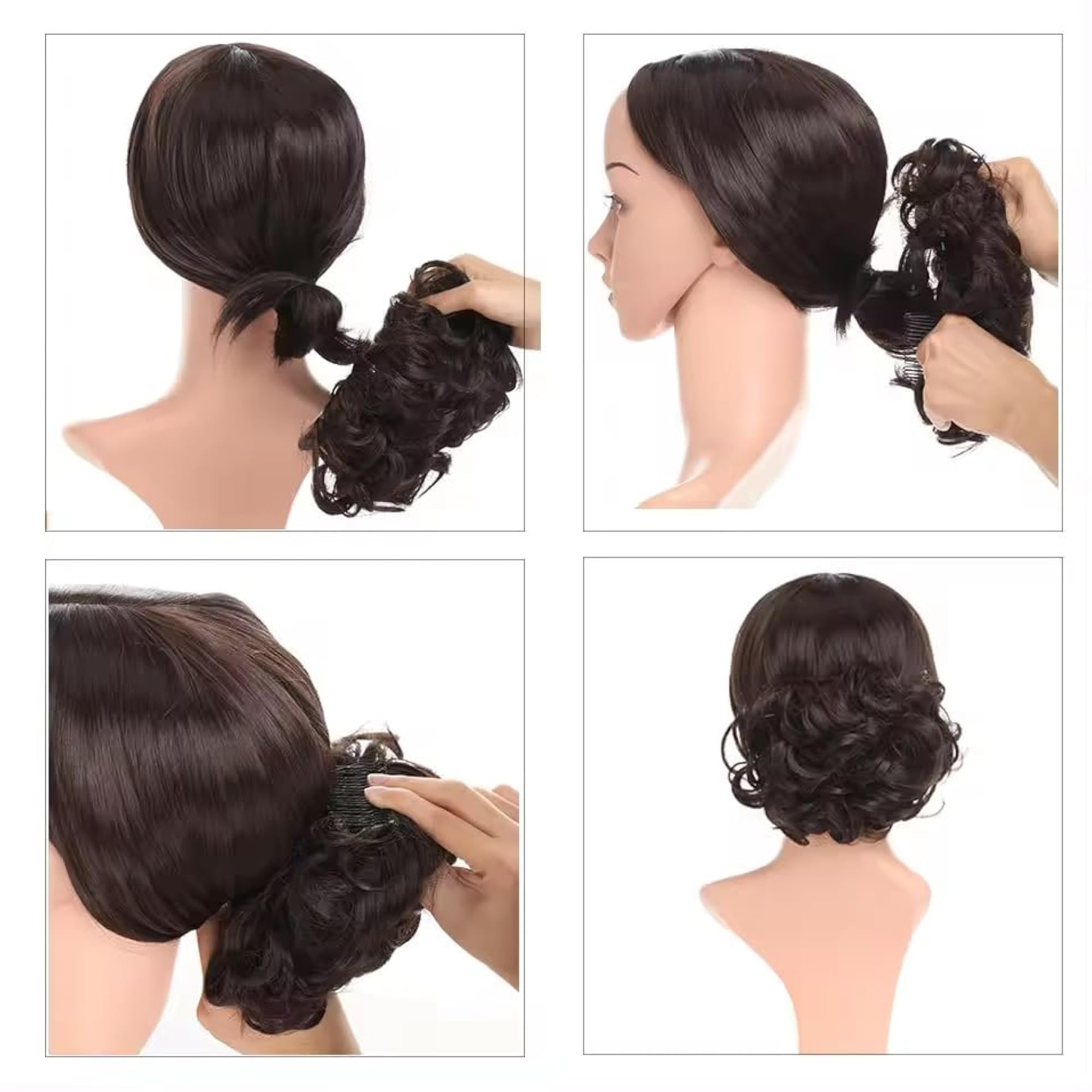 Women's Short Double Combs Messy Curly Wavy Extensions Bun Piece, Brown