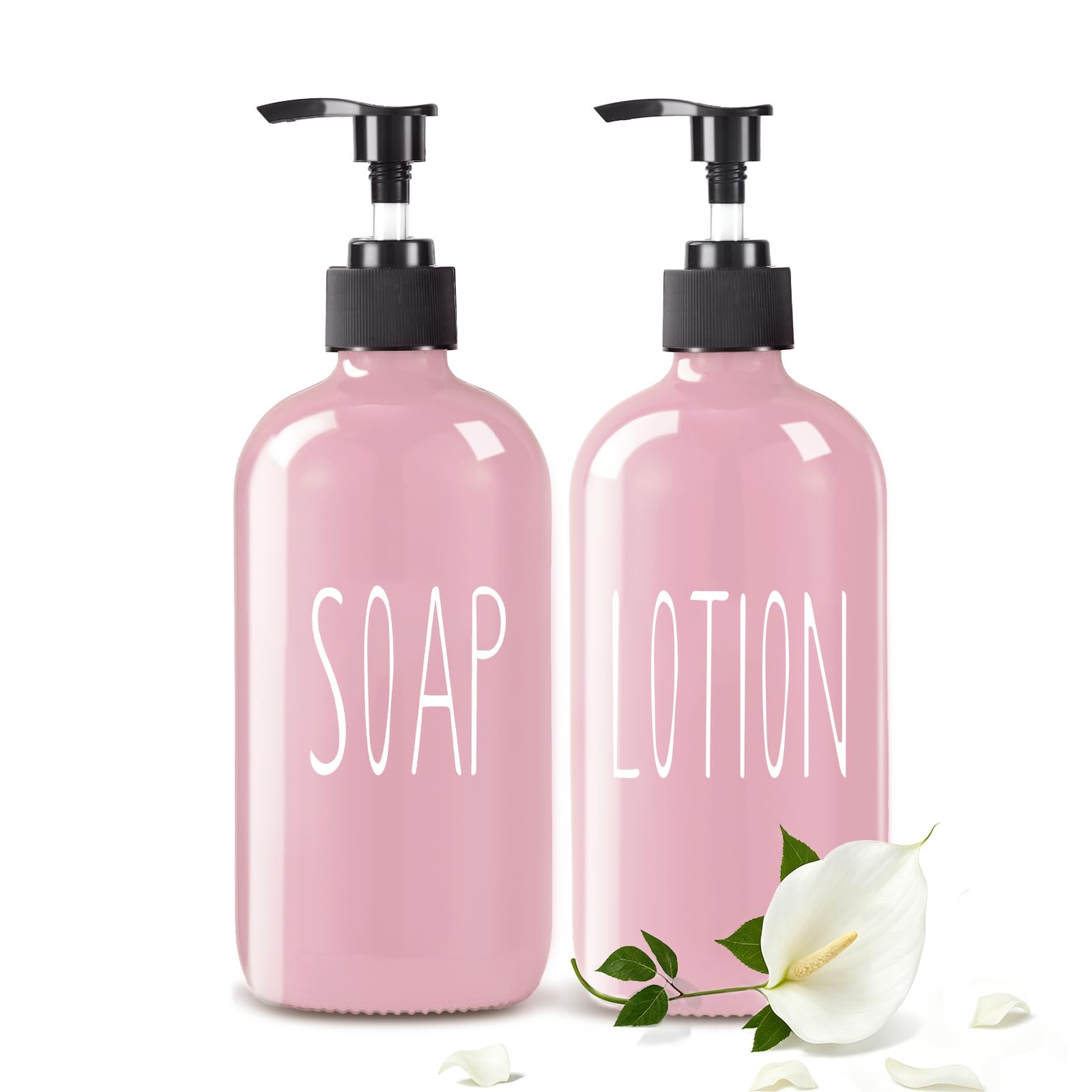 COHOSEGE Glass Soap Dispenser Set 2 Pack,16 Oz Hand Soap Dispenser for Bathroom,Pink Kitchen Accessories and Bathroom Decor,Soap and Lotion Dispenser Set for Bathroom
