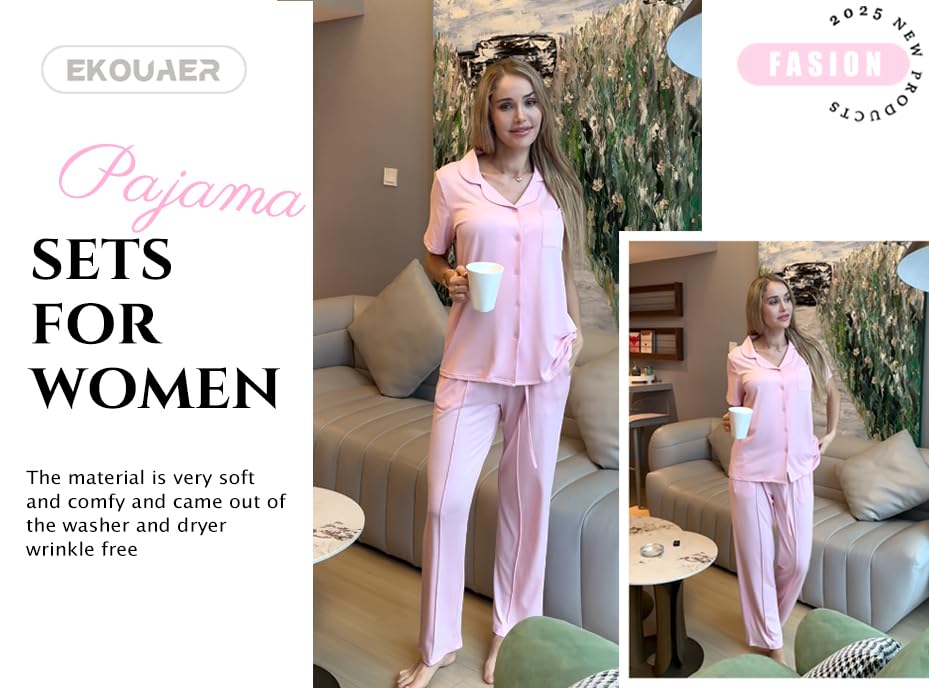 Image of Ekouaer Pajamas for Women Set Button Up Short Sleeve Pjs Sets With Pockets | Soft Womens Sleepwear,V Neck,Notch Collar,2 Piece Classic Loungewear With Long Pant for Sleep,Lounge,Fall