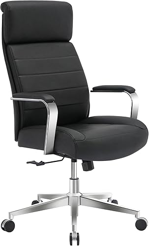 Realspace® Modern Comfort Modee - Silla de oficina ejecutiva de cuero vegano con respaldo alto, negro/cromo, compatible con BIFMA