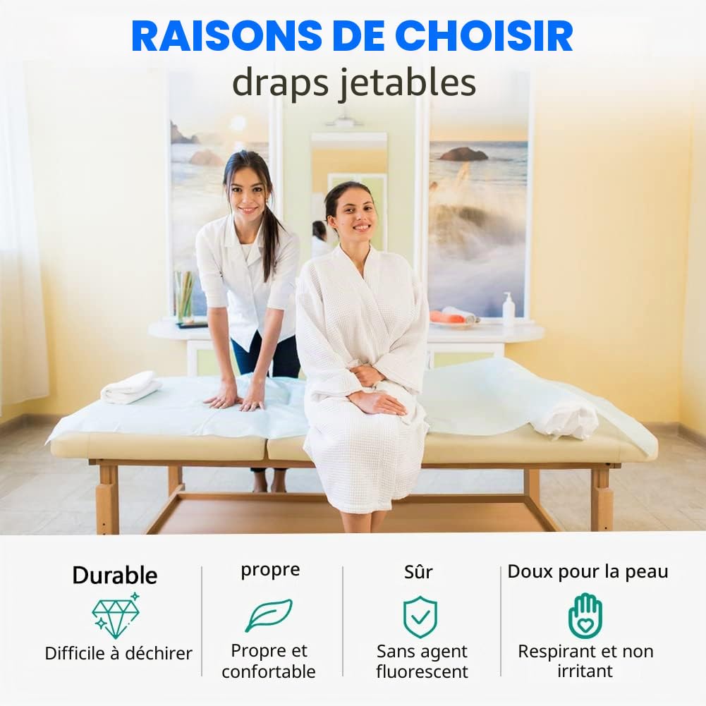 Draps Jetables Tissu Non-tissé 80 x 180cm pour Massage, SPA, Tatouage, Lit, Hôpital
