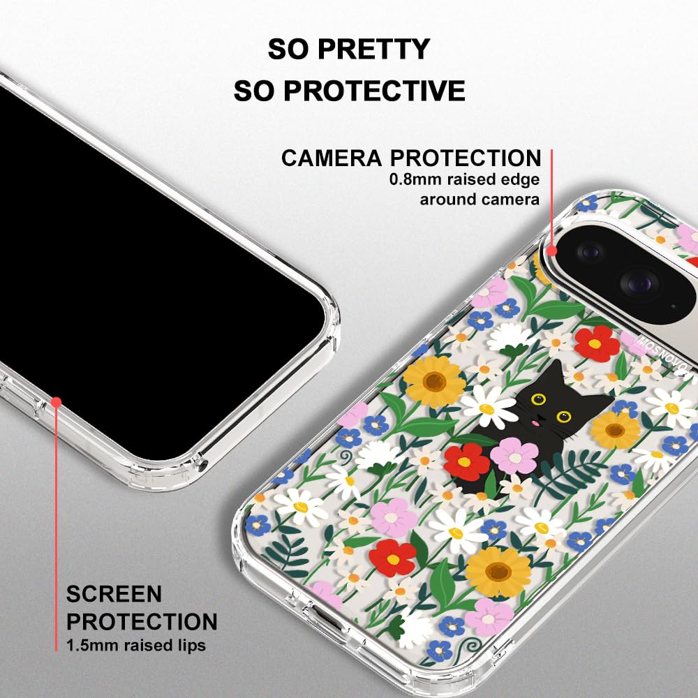 MOSNOVO Case for Google Pixel 9 & Pixel 9 Pro, [Buffertech 6.6ft Military-Grade Drop Protection] [Anti Peel Off Tech] Clear TPU Bumper Phone Case Cover Design - Black Cat in Garden — view 5