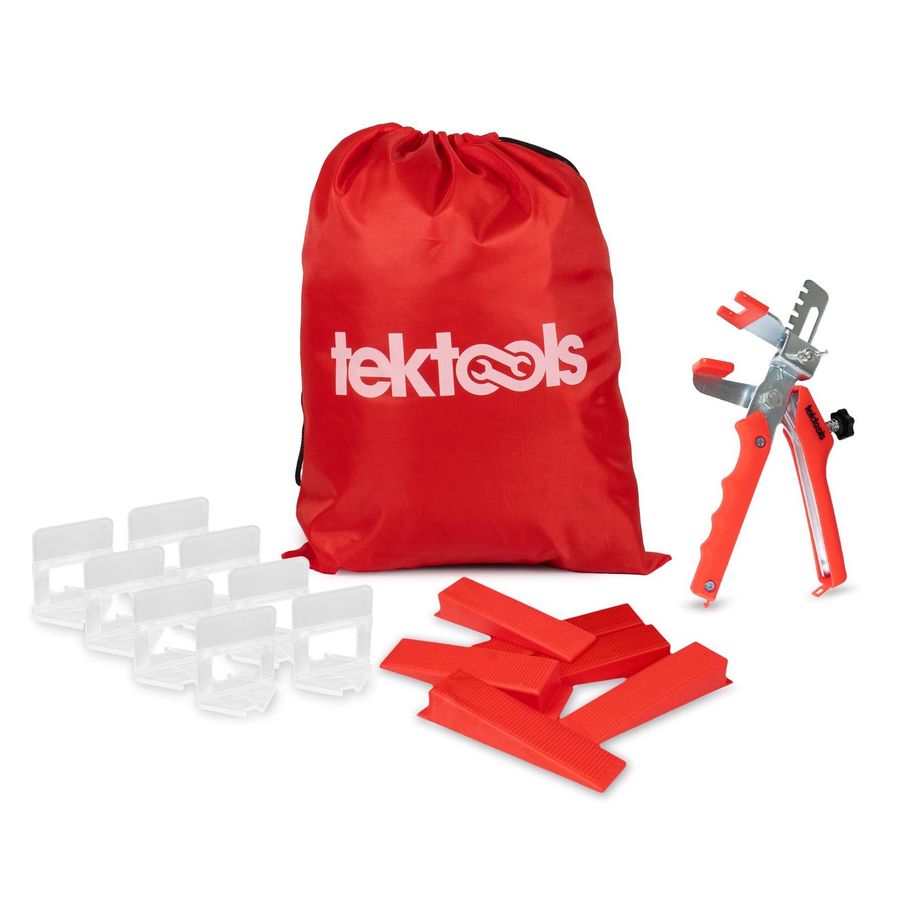 Tektools Red Tile Levelling System - Tile Levelers Spacers For Building Walls Floors - Reusable Leveling Wedges, Pliers And A Drawstring Bag, Plastic Levelling 2Mm Clips With Wedges