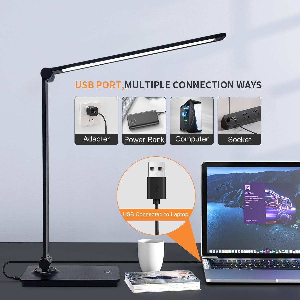 LUJOLUMIN - Lámpara de escritorio, lámpara de lectura regulable, CRI>90, 700 lúmenes, 3 niveles de brillo, control táctil, lámpara LED plegable LED para niños, trabajo, oficina, estudio 5