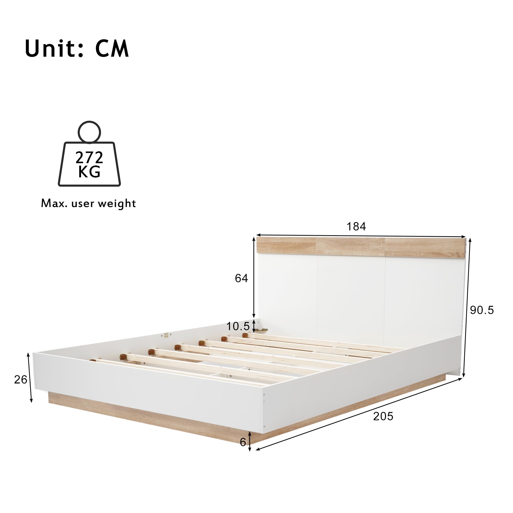 Kayan Holzbett Doppelbett 180x200 cm, Schwebebett mit Kopfteil aus Bettgestell &Lattenrost, Eiche Sonoma/Weiß, Ohne Matratze (180x200cm)