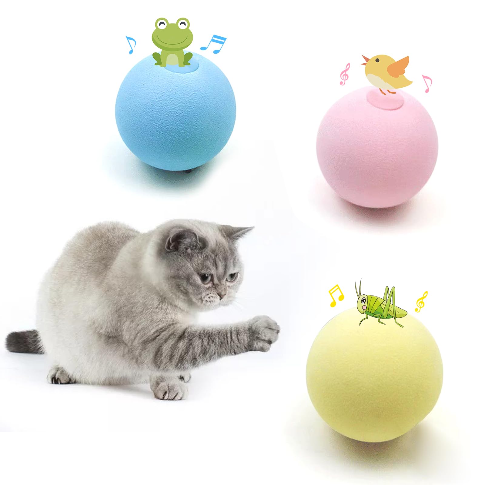 ZALBYUY Bolas de juguete para gatos con sonido, juguetes para gatos con hierba gatera, 3 bolas de juguete rodantes de EVA, juguetes interactivos para gatos de interior (pájaro, rana y grillos, EVA)