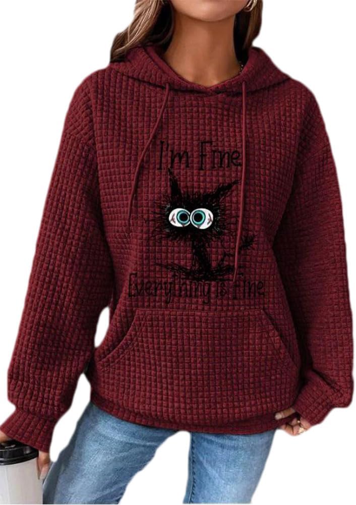 Chvity Women's Pullover Sweatshirt Drawstring Tis The Season Pumpkin Printed Waffle Hoodie Long Sleeve Tops with Pocket