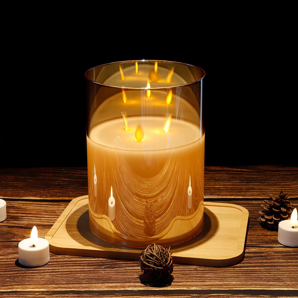 Velas grandes de vidrio sin llama de 3 mechas de 8 pulgadas de alto, funcionan con pilas, velas LED parpadeantes con temporizador de 6 horas, velas de cera real para el hogar, boda, fiesta, 4
