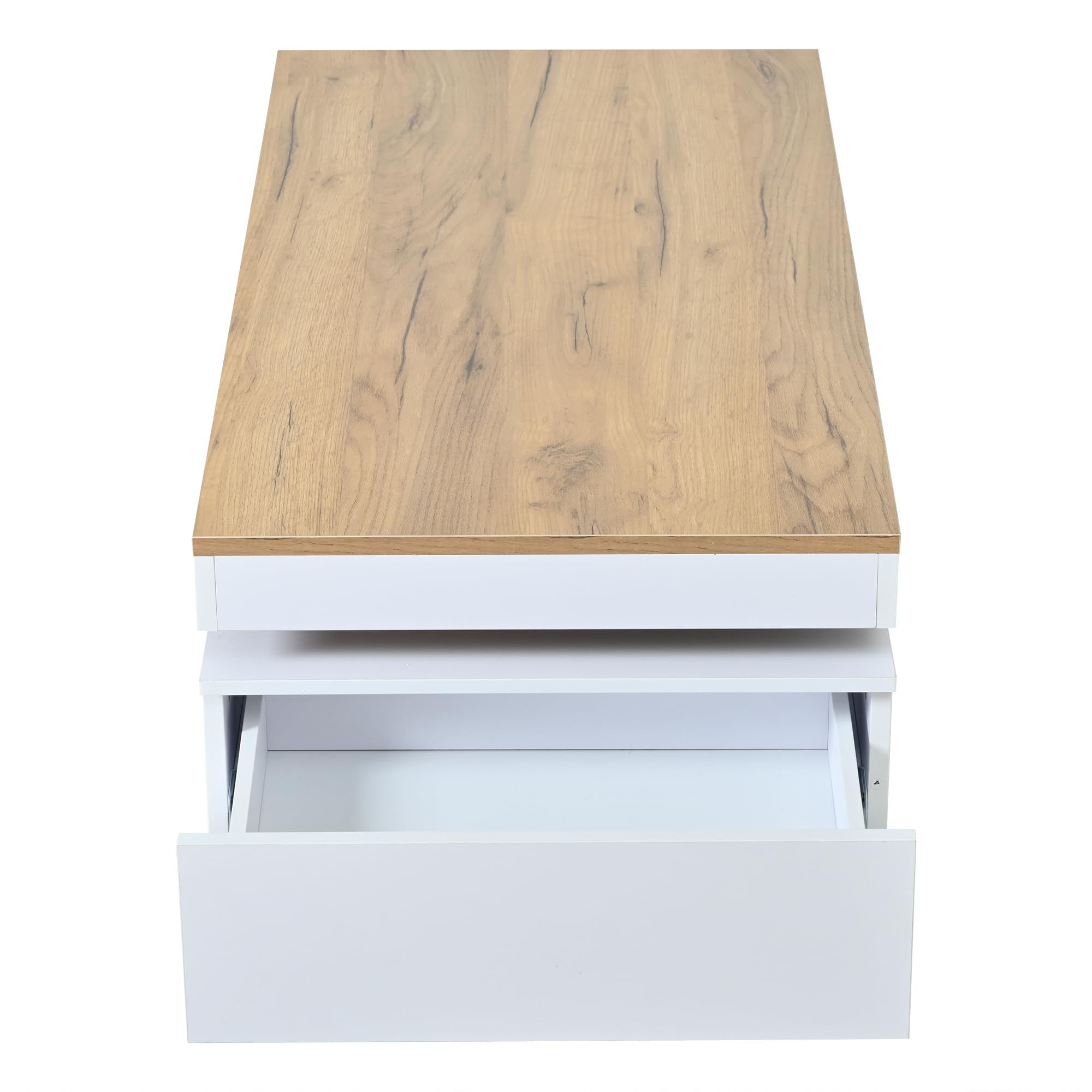 SACOOL 100 x 50 x 35 cm Mesa de centro con 2 cajones, mesa auxiliar LED de alto brillo, mesa de té, mesa de sofá, mesa de salón, mesa de café, color blanco + tono de madera, blanco, madera