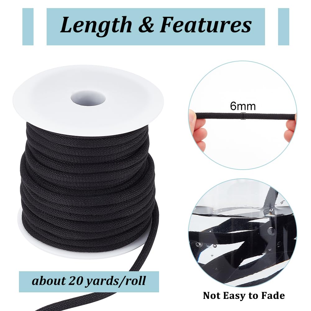 BENECREAT 20 Yards Black Hoodie String Replacement, 6mm Round Soft Drawstring Replacement Rope with Plastic Spool for Sweat Pants String, Shoelaces, Bag, Jacket and Tie Hoodie