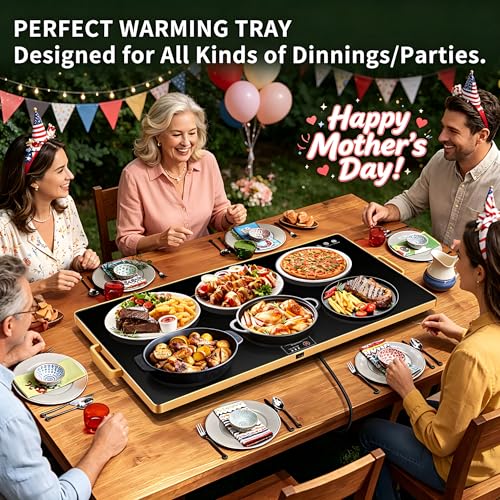 Image of Electric Warming Tray,XXL 32 inchx18 inch,Tempered Glass Warming Mat for Food,Black | Keep Food Warm,Gold Handles Food Warmers For Parties Buffet Daily Gatherings,Temperature Control,Thermostat,Full Surface Warm