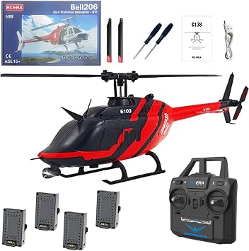 RC Helicopter for Adults, RC ERA C138 130 Scale 206 Helicopter, 2.4G 6CH RC Heli Single Rotor No Aileron Helicopter with Altitude Hold and Optical Flow Positioning, 4 Batteries
