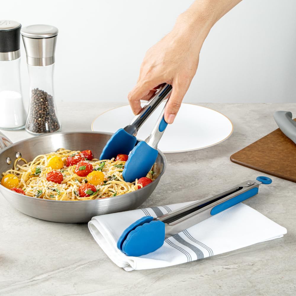 Met Lux - Juego de pinzas de cocina de 9 y 12 pulgadas, 1 juego de pinzas de alimentos lavables en lavavajillas, cabeza de silicona festoneada, mango de agarre con reposamuñecas, pinzas de acero