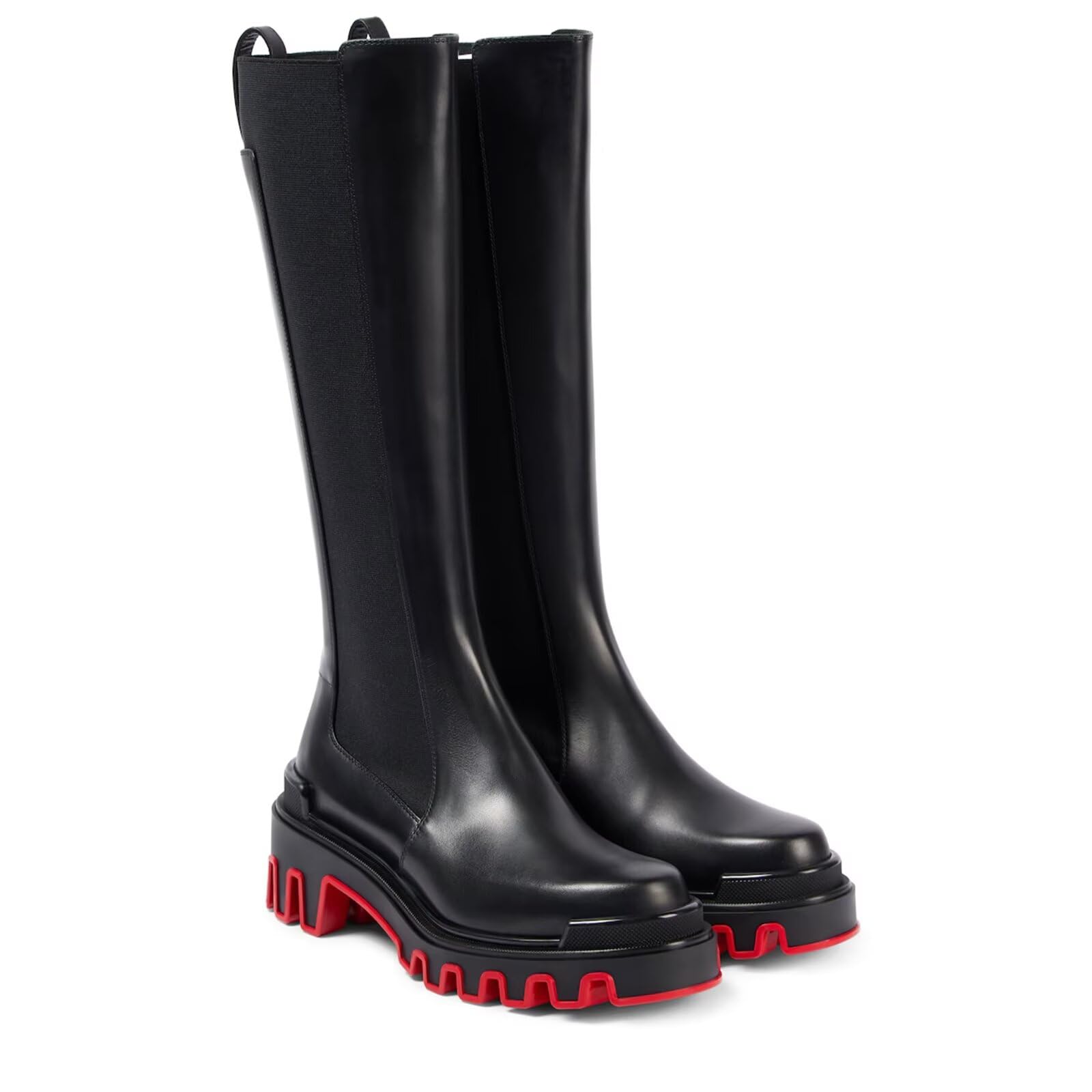 Womens Platform Boots Fashion Black Leather Long Boots Ankle Boots with Red Sole Chunky Heel Chelsea Boots Stylish