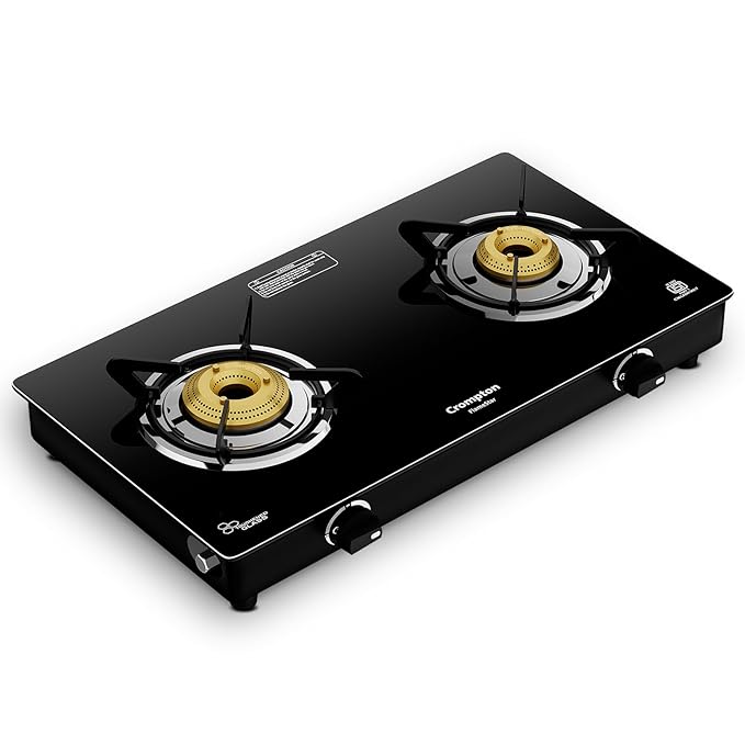 Crompton FlameStar 2 Burner Glass Top Gas Stove | 1 Jumbo & 1 Medium Burner | Max Space | Easy Cleaning | Scratch Resistant Toughened Glass | Tri Pin Brass Burners | 2 Year Manufacturer's Warranty