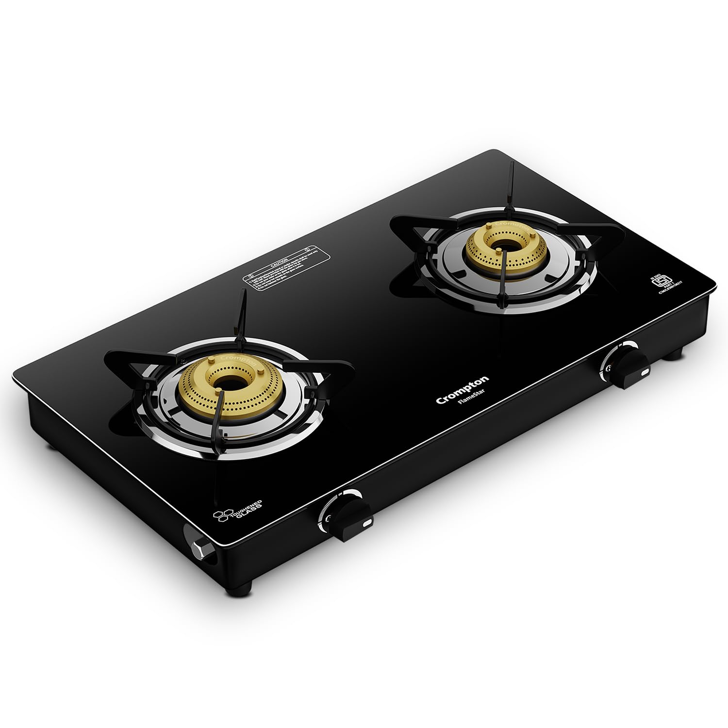 Crompton FlameStar 2 Burner Glass Top LPG Gas Stove | 1 Jumbo & 1 Medium Brass Burner | Max Space | Easy Cleaning | Toughened Glass | Tri Pin Burners | 2 Year Manufacturer's Warranty - Image 1