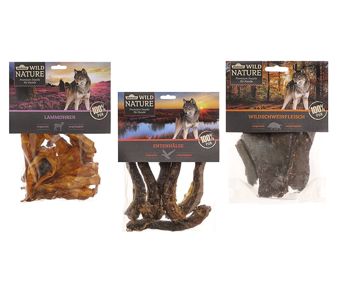 Dehner Wild Nature Perros Snack, 3 Variedades de Mezclar, cuellos de Pato, Cordero y Orejas Wild Carne, Natural, 500 g