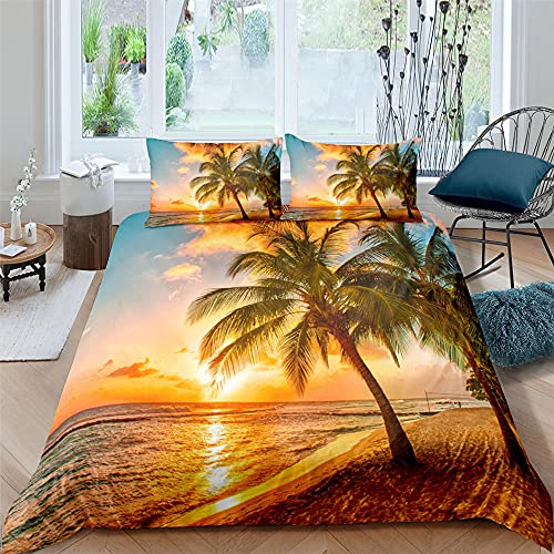 Bettbezug Orange 135x200 cm Palme Bei Sonnenuntergang 3 Teilig...