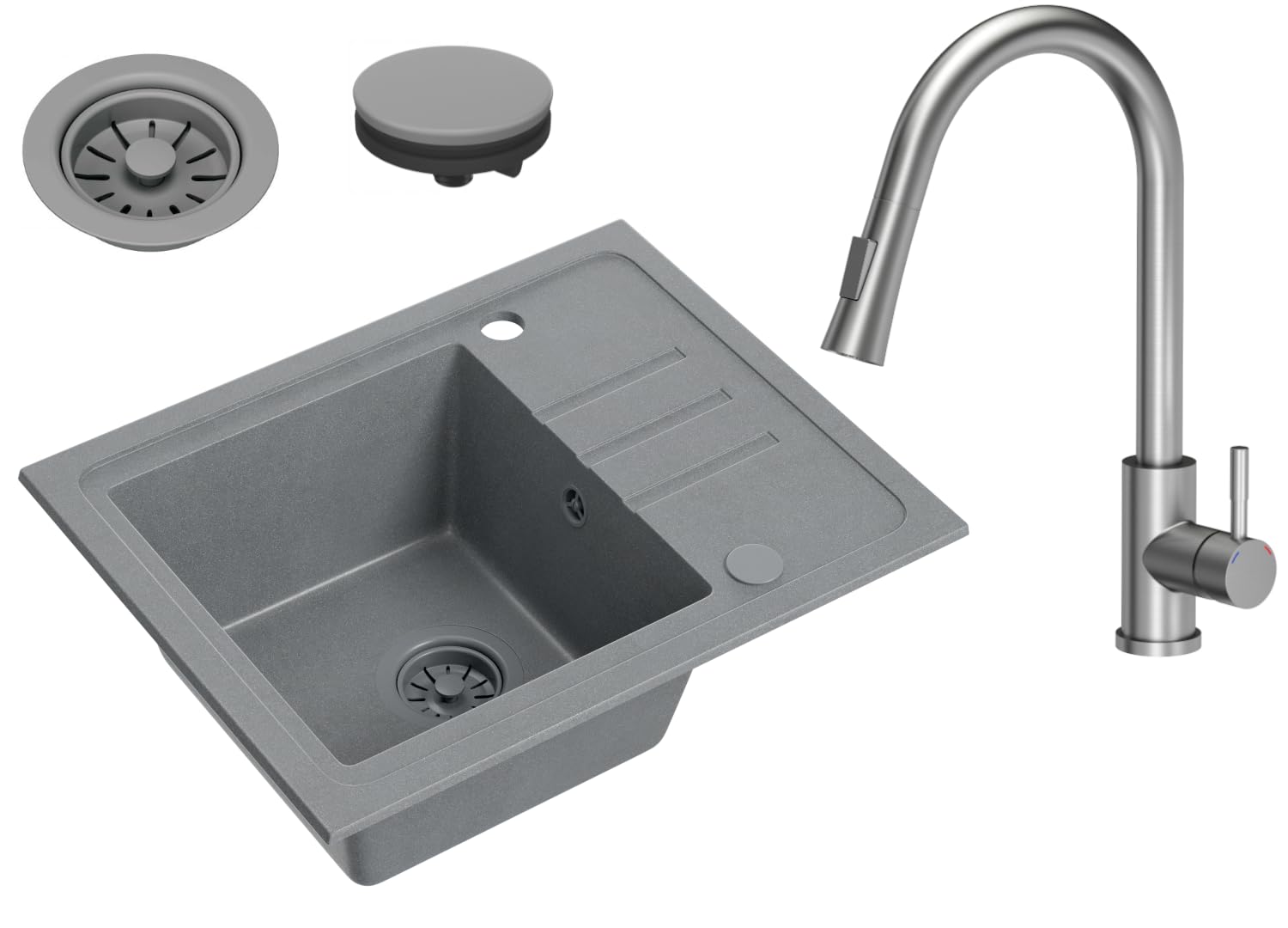 VBChome Fregadero de granito gris con grifería, 55 x 44 cm, fregadero individual, empotrable, moteado, reversible, de granito, gris, con grifo de acero inoxidable con caño extraíble