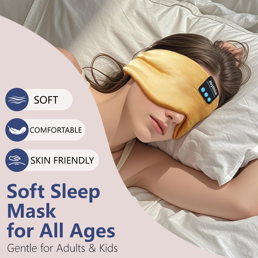 Joythink Cuffie per dormire Bluetooth Maschera per dormire Fascia di seta Auricolari Maschera per dormire sul lato Blackout Morbido Sonno Auricolari Bambini Bambini Musica Eye Cover Champagne Oro