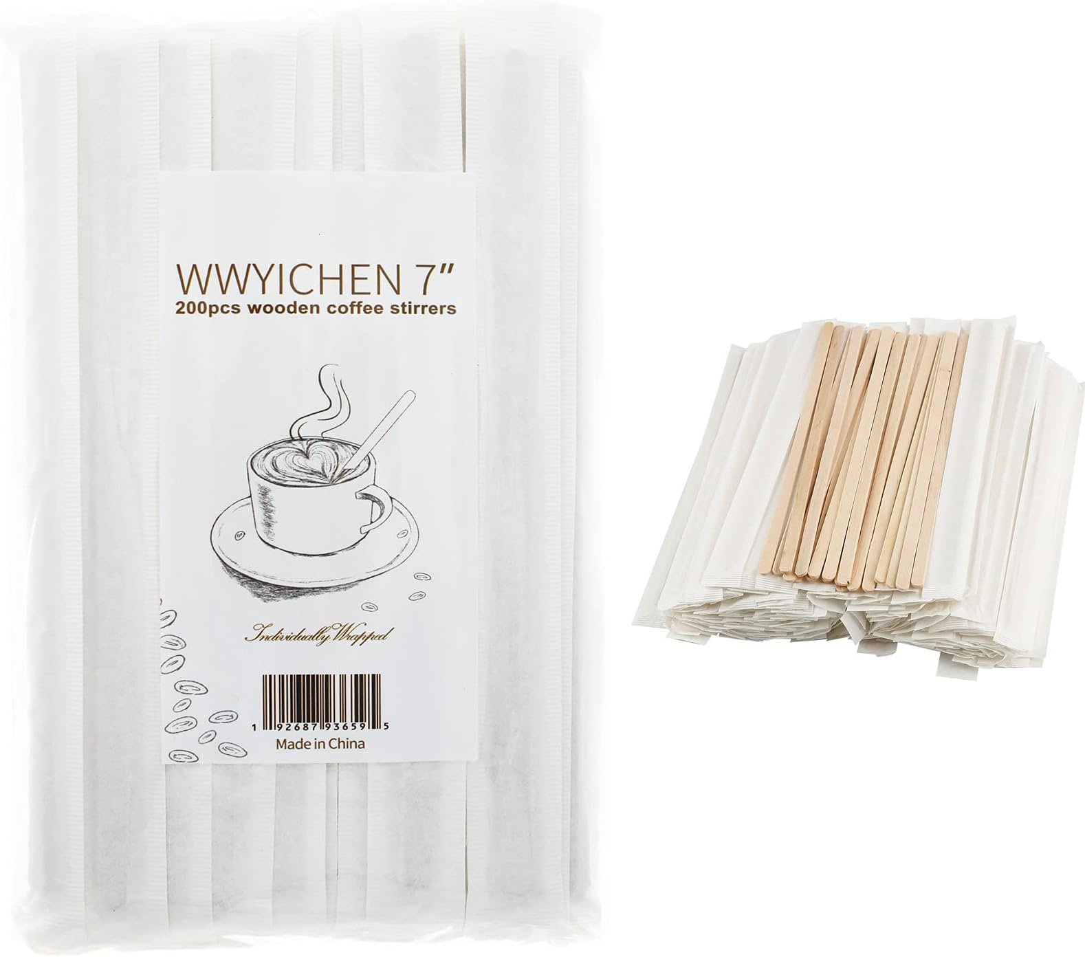 200pcs 7 Inch Disposable Independent Wrapped Wooden Coffee Stirrers