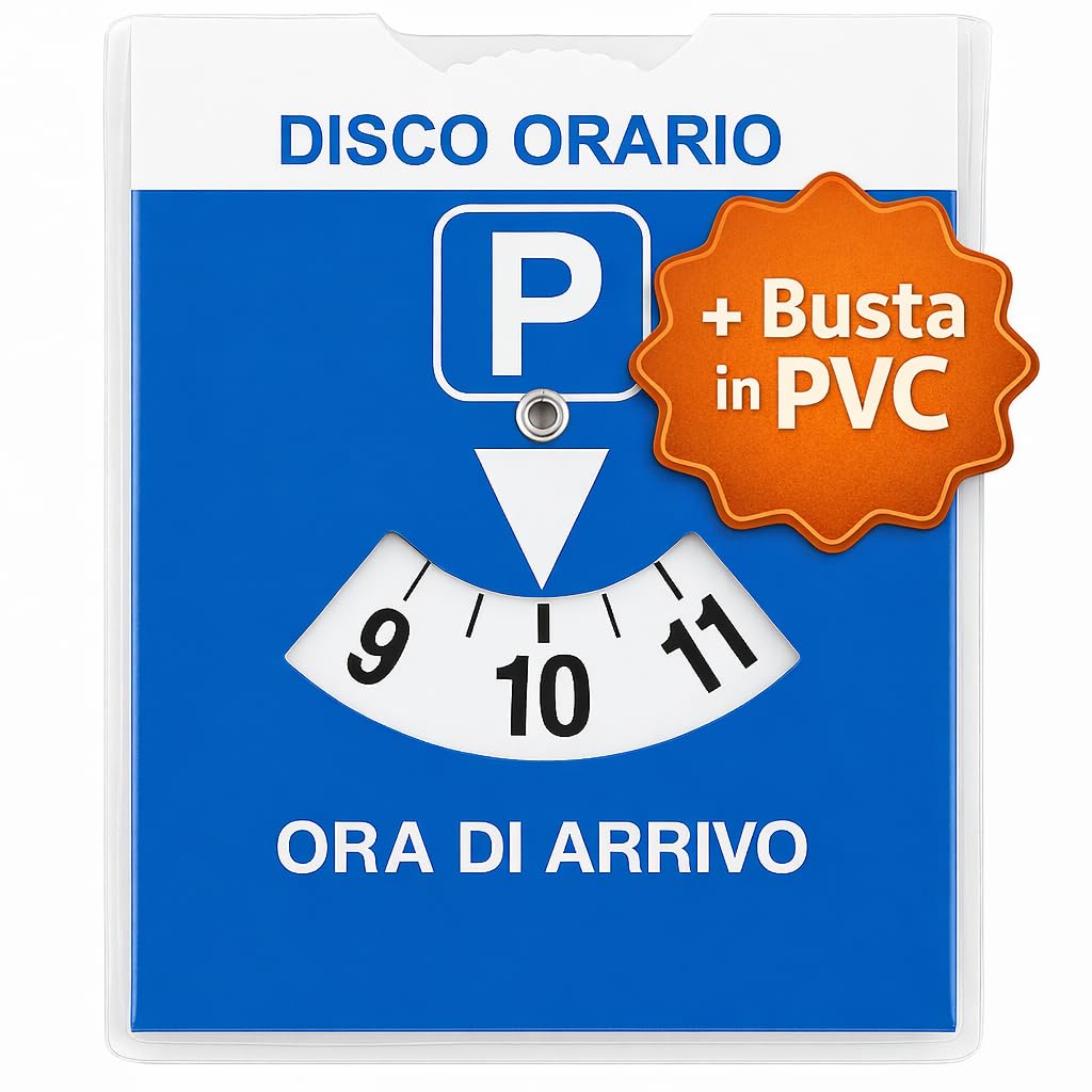 Disco Orario Auto Europeo con Busta Protettiva PVC 15x12 cm - Parchimetro Italiano per Auto e Moto - Accessori Auto Interno