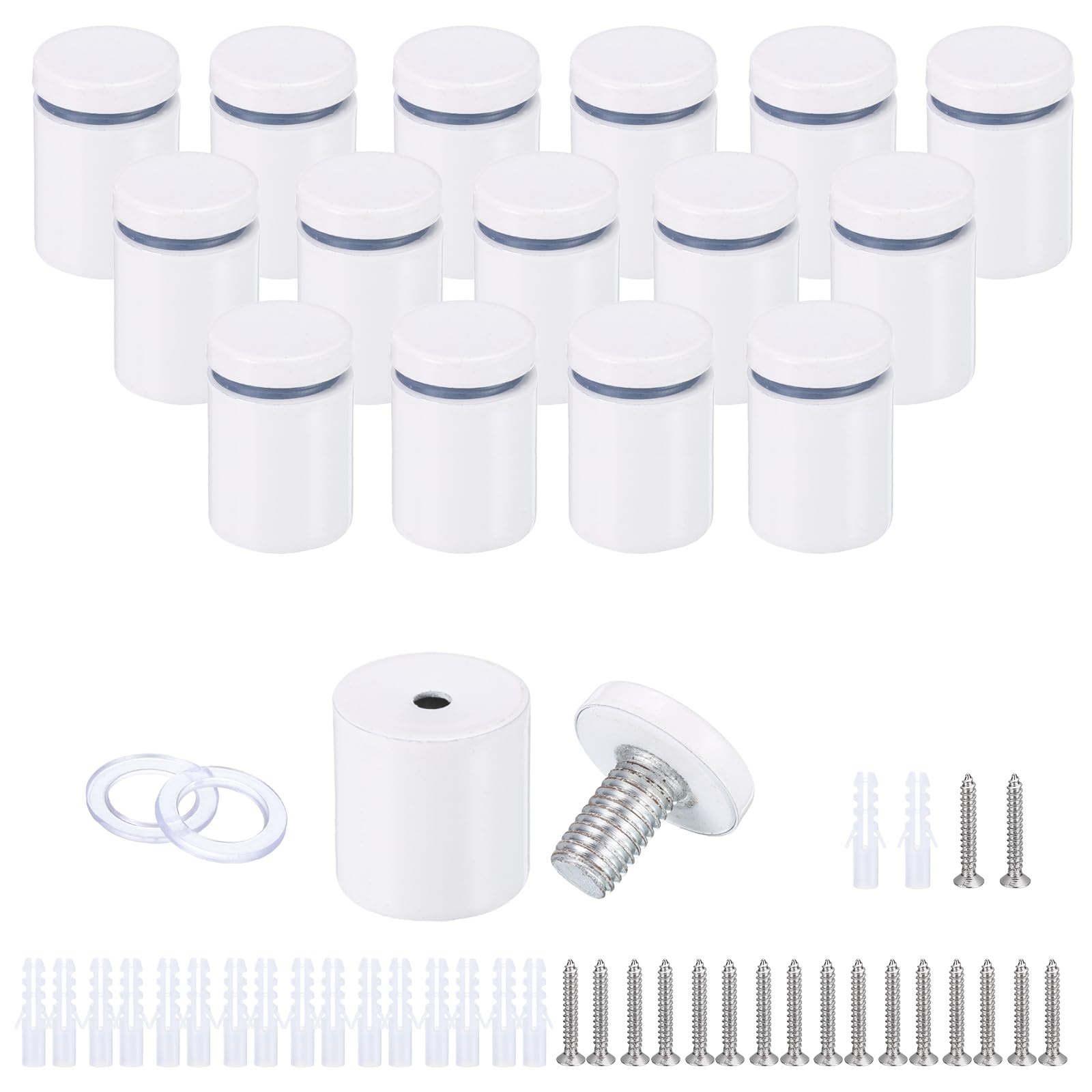 sourcing map 16 Pcs 63/64"x1-1/4" Standoff Screws, Stainless Steel Bathroom Mirror Wall Mounting Hardware Kit with Screws & Anchors for Acrylic Glass Sign Advertising Picture Frame, White