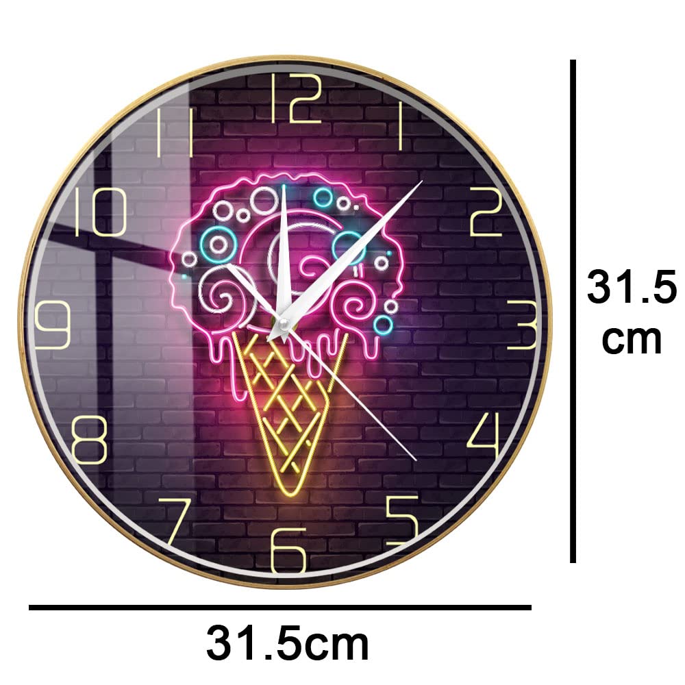 Orologio da parete silenzioso con cornice in legno gelato stampato lucido motivo neon moderno rotondo grande orologio da parete in legno a batteria senza ticchettio facile da leggere per