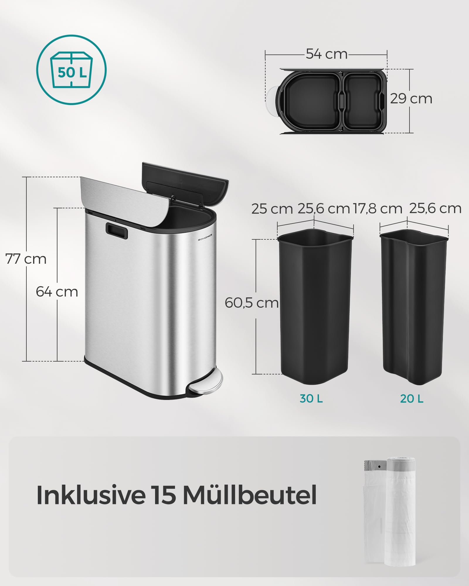 SONGMICS Mülleimer Küche, Mülltrennsystem 2 Fächer, 30 L und 20 L, schmaler Abfalleimer, Treteimer für Recyclingmaterialien und Abfall, mit 2-teiligem Deckel, metallicsilber LTB570E50