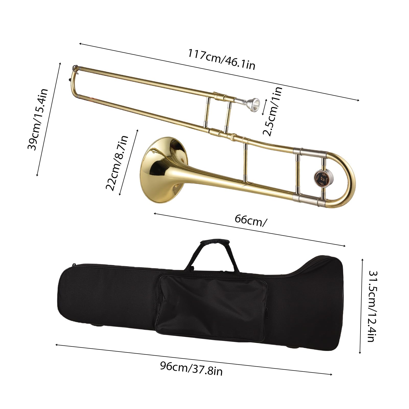 Trombone tenore in SIB per Principianti,Studenti,Strumento Trombone Placcato in Ottone,Trombone tenore a Coulisse in SIB con bocchino,Custodia per Il Trasporto,Guanti Bianchi,Panno per la