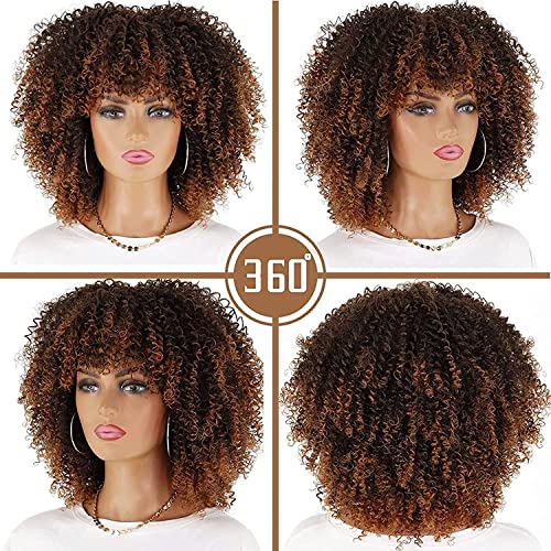 Linghang Short Curly Afro Wigs With Bangs For Black Women, Brown Afro Kinky Curly Wigs For Black Women Synthetic Heat Resistant Fluffy Brown Wigs (Ombre Brown) #TOP2