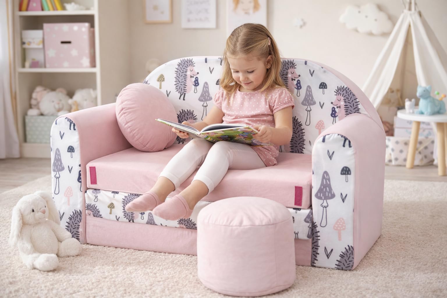 Divano letto pieghevole per bambini con funzione letto Perfetto per giocare e dormire - Con materasso, cuscino e pouf sfoderabili - 98x168x59 cm - HX1 Rosa - Ricci